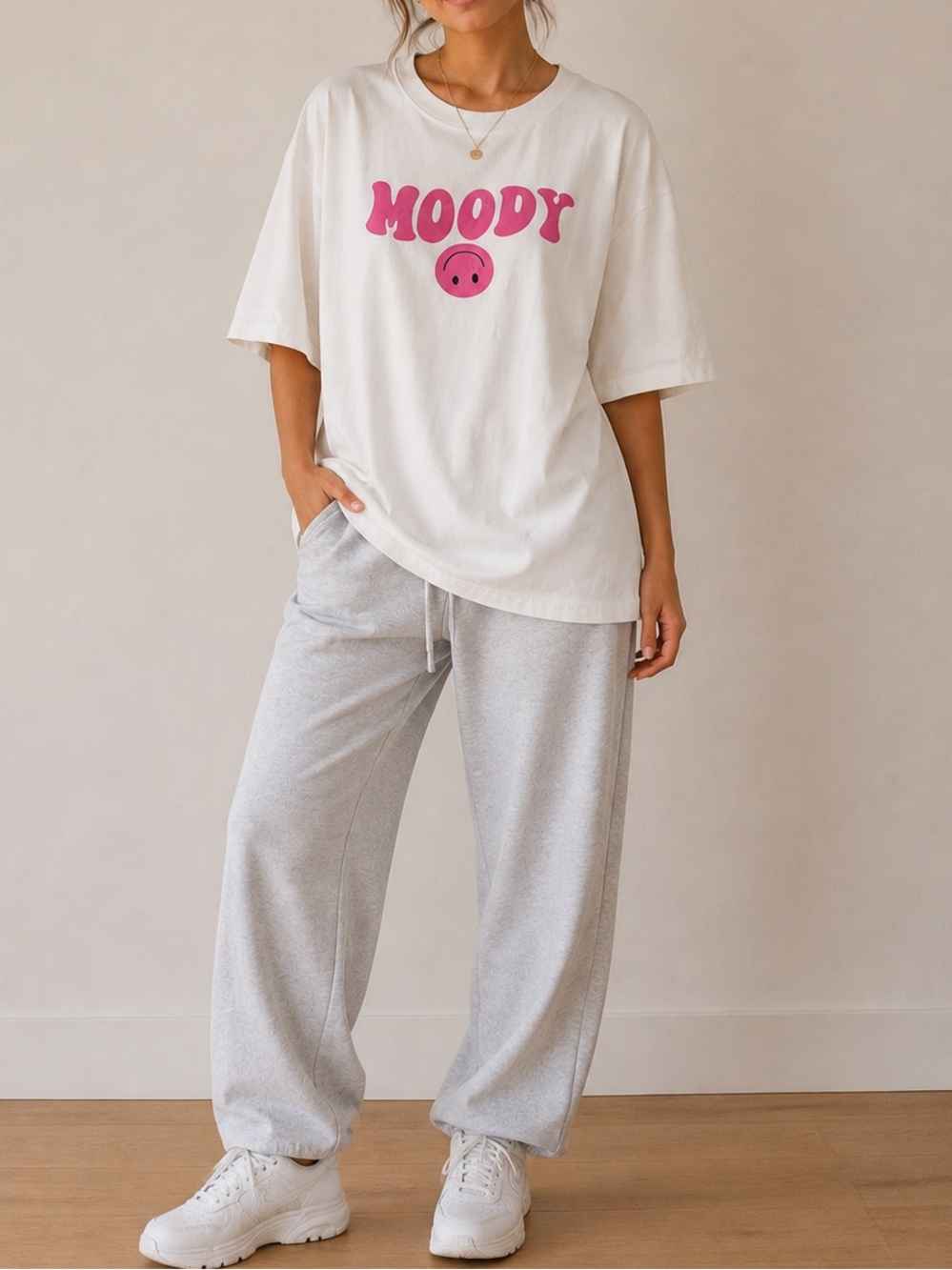 Moody Graphic Short Sleeve Tee - White with Pink Print